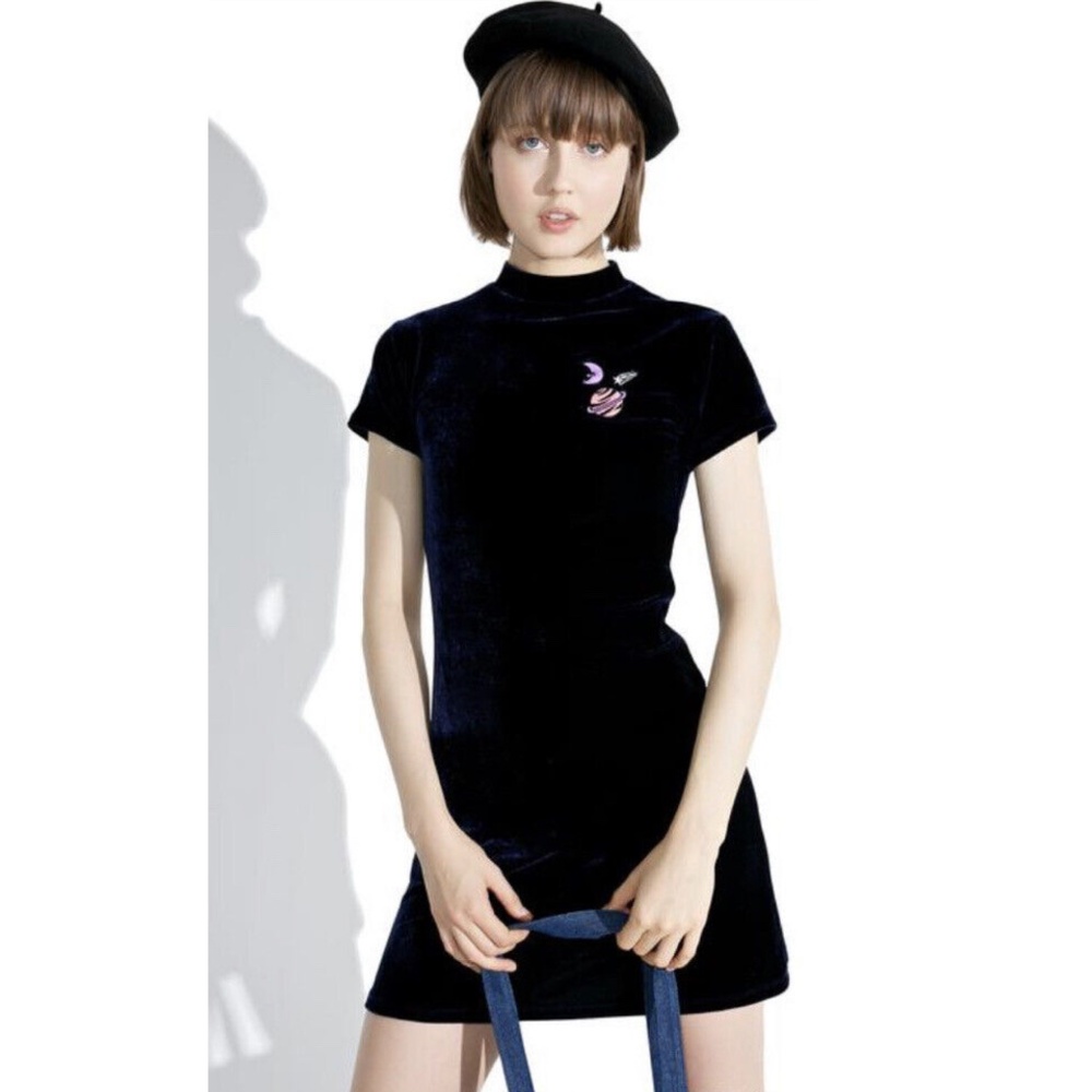 LAZY OAF Midnight Planet Blue Velvet Mock Neck Turtleneck Mini Dress Medium